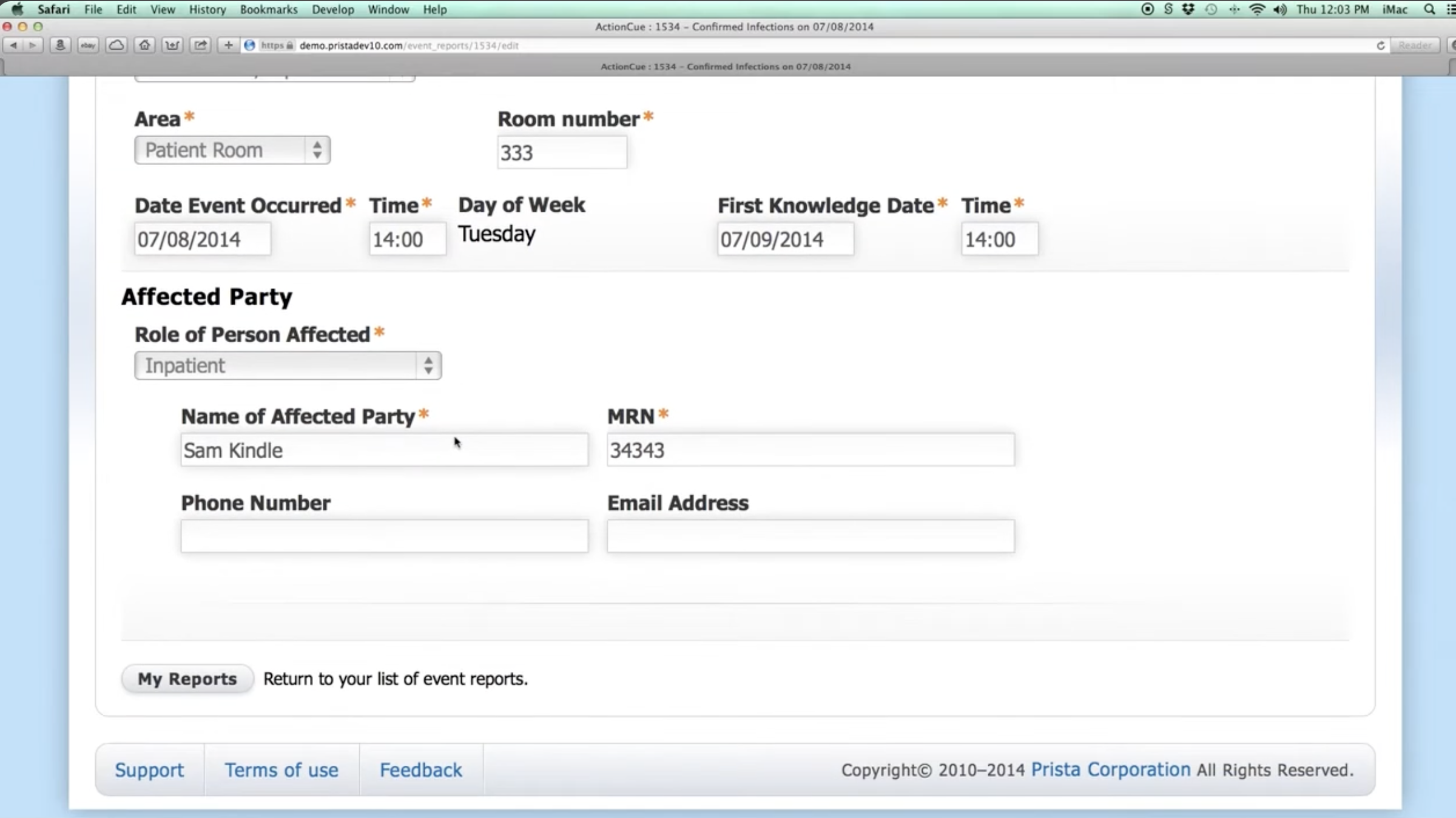 Hospital incident reporting software interface showing patient safety event documentation form with MRN tracking and date fields