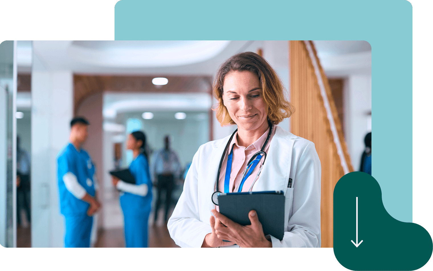 Confident female doctor with stethoscope holding clipboard in busy hospital hallway