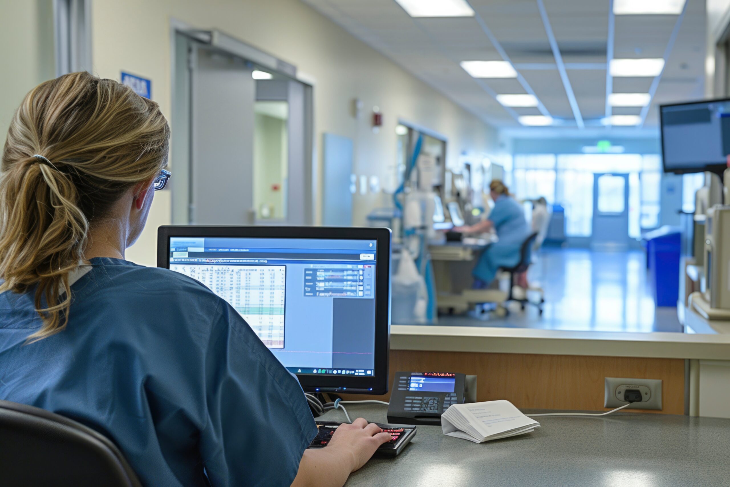 Healthcare Professional Monitoring Patients in Hospital Computer Station