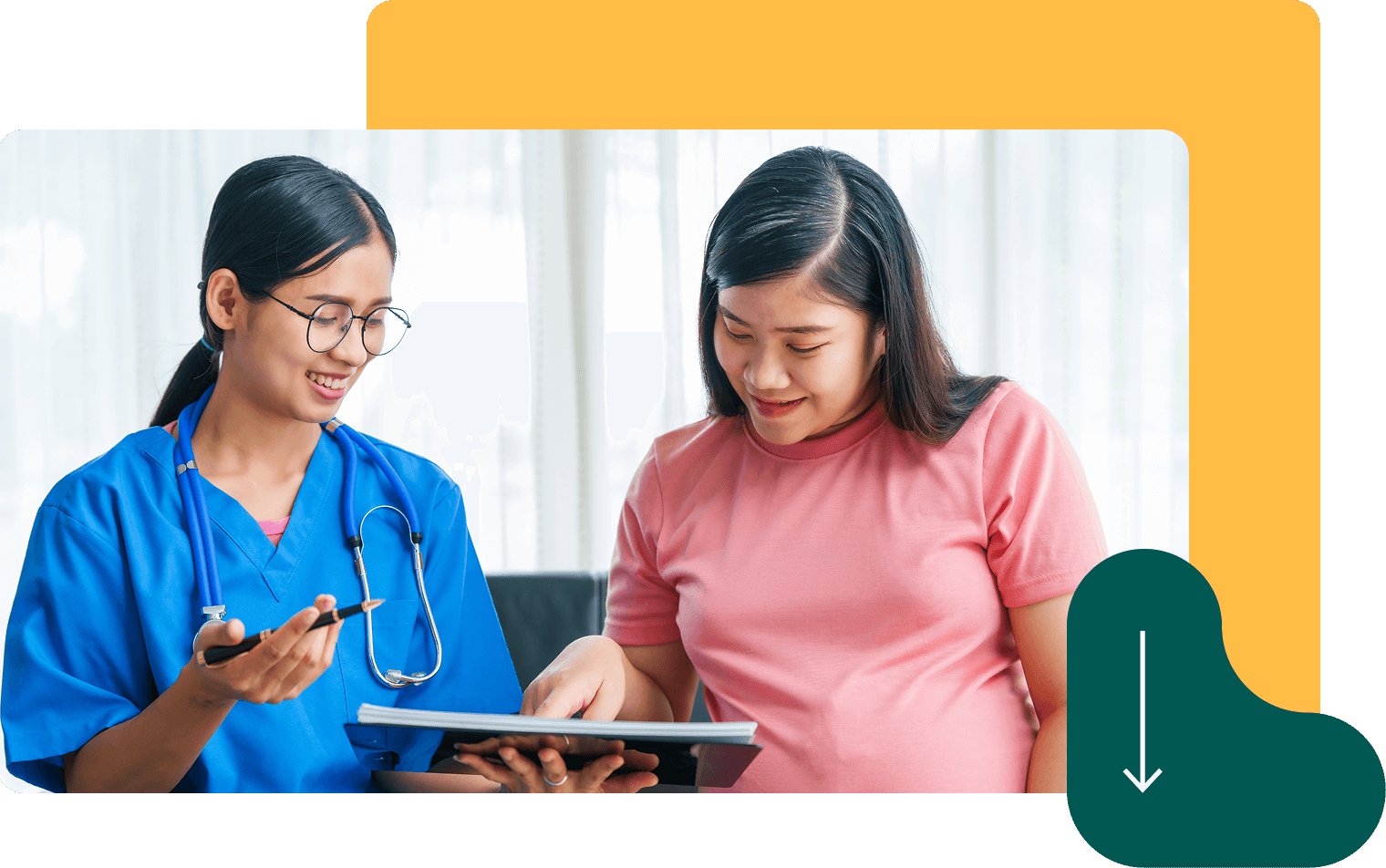 Smiling nurse in blue scrubs with stethoscope consulting female patient using tablet