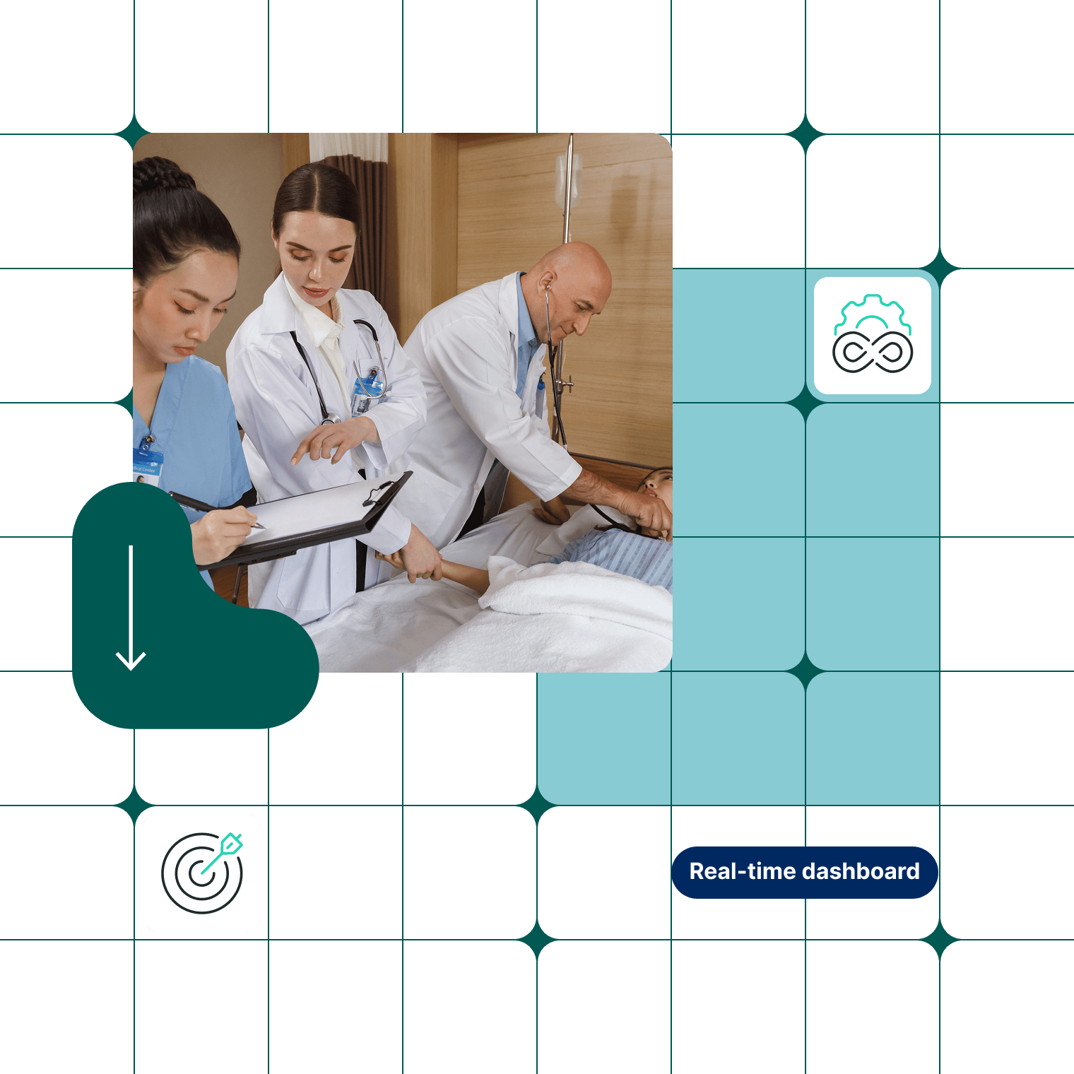 Medical team conducting patient examination with real-time clinical dashboard integration for coordinated healthcare delivery